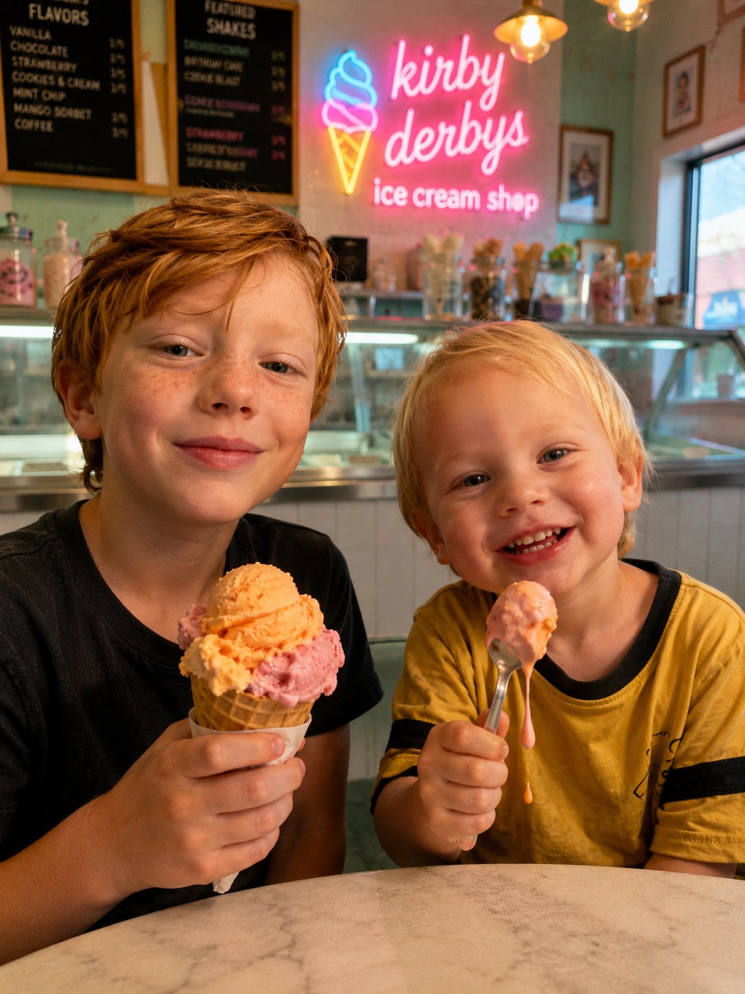 Charlie and Wesley Erbe at the ice cream shop